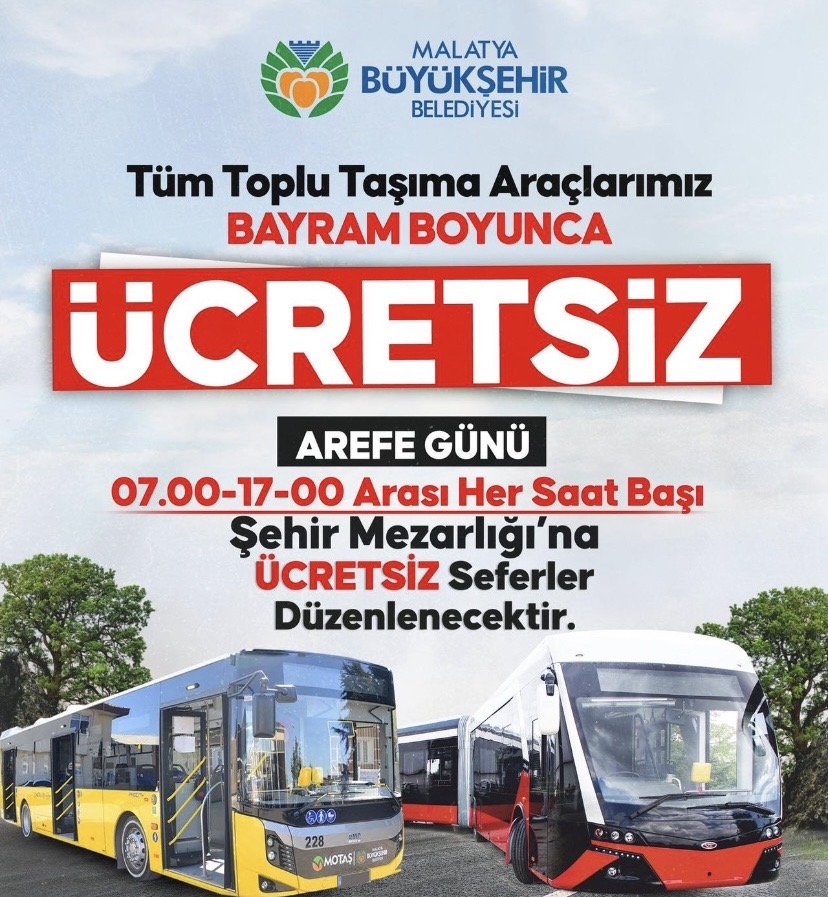 Malatya’da bayram boyunca toplu taşıma ücretsiz